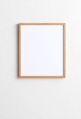 Wooden Frame Mockup on White Wall in Minimalist Interior Displaying Empty Space for Text or Product. Made with Generative AI Technology