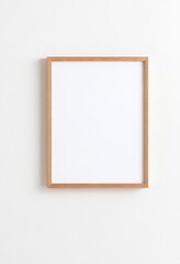 Wooden Frame Mockup on White Wall in Minimalist Interior Displaying Empty Space for Text or Product. Made with Generative AI Technology