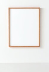 Wooden Frame Mockup on White Wall in Minimalist Interior Displaying Empty Space for Text or Product. Made with Generative AI Technology