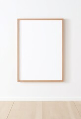 Wooden Frame Mockup on White Wall in Minimalist Interior Displaying Empty Space for Text or Product. Made with Generative AI Technology