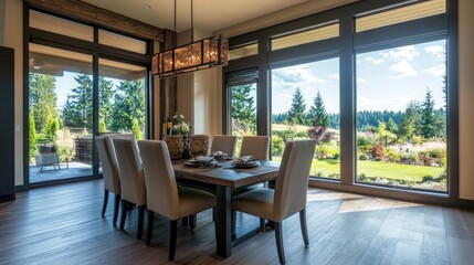 Modern dining room with large windows overlooking a green lawn and forest.
