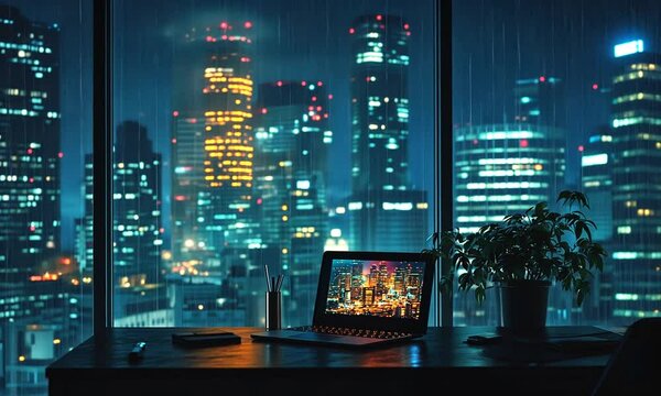 Lofi living room with laptop and study table at night