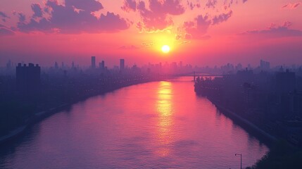 Fototapeta premium Sunset over a river with city skyline silhouette.