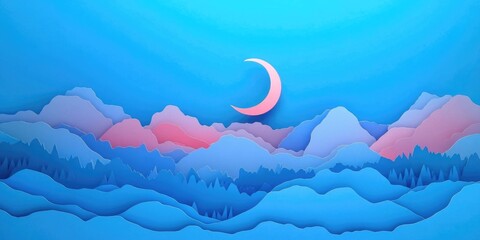A stunning crescent moon visible in the afternoon sky, contrasting beautifully with the bright blue backdrop, Crescent moon in afternoon sky against bright blue background