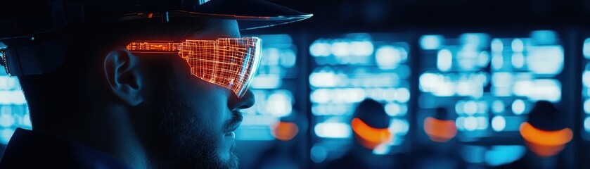 A futuristic figure wearing illuminated glasses stands against a backdrop of digital screens, showcasing a high-tech, cyberpunk aesthetic.