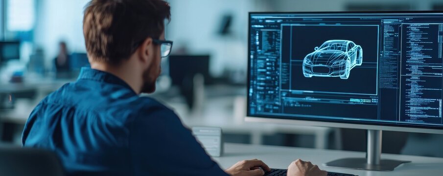 A designer works on a computer, drafting a digital car model with code and schematics displayed on a large monitor in a modern workspace. - Powered by Adobe