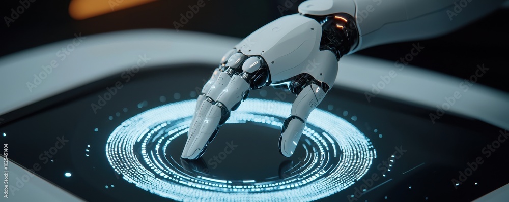 Poster a robotic hand interacts with a glowing circular interface, showcasing advanced technology and a sle