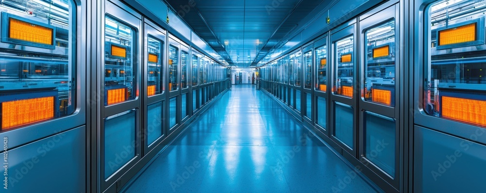 Poster a high-tech data center featuring rows of servers with glowing displays and a sleek, modern design, 