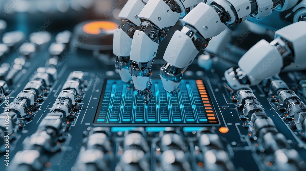 Poster a robotic hand interacts with a digital control panel, showcasing the fusion of technology and autom