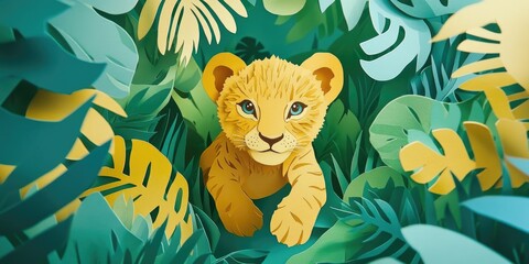 Naklejka premium A lion cub approaches the camera in a natural setting, Lion cub close up in natural environment