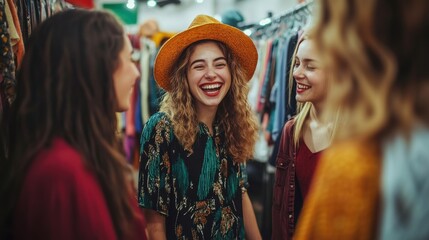Friends Enjoying a Fun Shopping Trip at Vintage Store