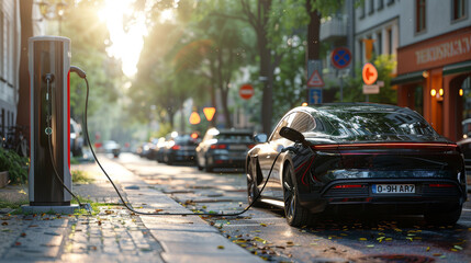 Obraz premium Electric Car Charging on Urban Street