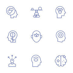 Mindfulness icons set. Thin Line style, editable stroke. faithful, mindfulness, mind, extrovert, eye, achievement, adhd, brain