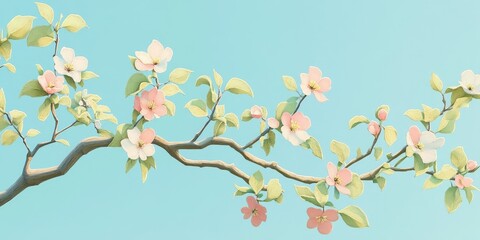 Blooming branches of an ornamental apple tree against a clear blue sky, Ornamental apple tree branches blooming against clear blue sky