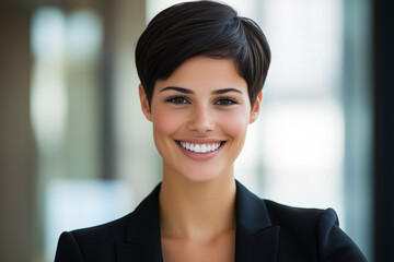Fototapeta premium Portrait of a smiling young businesswoman with short dark hair, wearing a black blazer, confident and professional, headshot