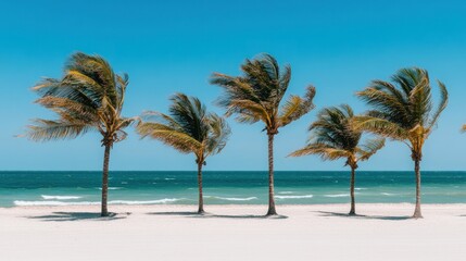 A row of five palm trees sway in the wind on a white sandy beach with turquoise water and a clear blue sky.