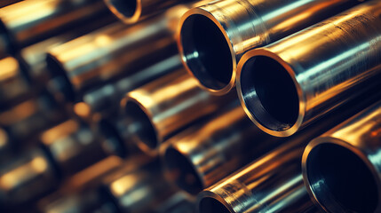 Naklejka premium Close-up of shiny metal pipes stacked in a warehouse, industrial manufacturing and production, metalworking and engineering concept