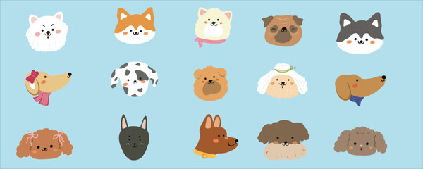 Fototapeta premium Cute dogs faces illustration set in cartoon style. Funny puppies head portraits of different doggy breeds. Happy dog pets face avatars. Flat graphic vector