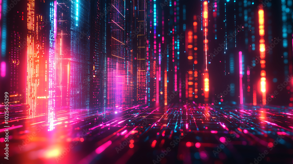 Poster futuristic cyber defense system with glowing neon grid layers in digital abstract design