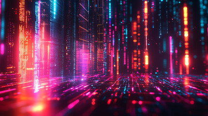 futuristic cyber defense system with glowing neon grid layers in digital abstract design