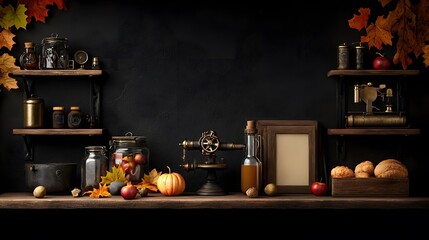 A cozy steampunk-inspired setting features vintage gadgets, pumpkins, and autumn leaves, creating warmth and nostalgia amongst rich textures. Autumnal Lifestyle Concept