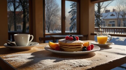 A plate of pancakes with fresh berries, orange slices, and a sprinkle of powdered sugar, accompanied by a cup of coffee and orange juice, sits on a wooden table in a sunlit cafe.