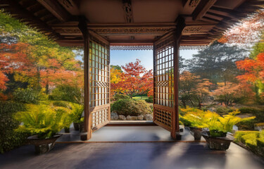Fototapeta premium A wooden structure with open sliding doors revealing a view of a colorful garden with lush greenery.