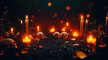 Obraz premium Spooky altar with candles, skulls, and rose petals, creating a haunting atmosphere.