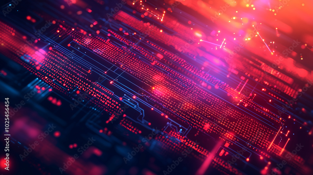Poster abstract futuristic cyber defense system with glowing data codes and red neon layers