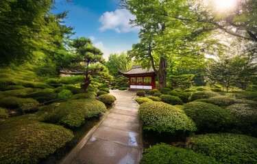 A stone path winds through a lush, green garden with a small, red-roofed structure in the distance. The sun shines brightly through the trees, casting a warm glow on the scene.