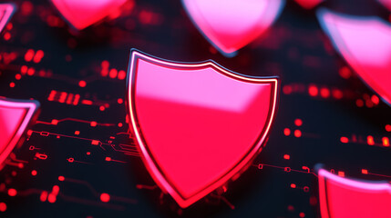 Digital shields in vibrant red glow against dark background, symbolizing protection and security in technological landscape. design evokes sense of safety and innovation