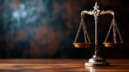 Symbol of justice, balanced scales on wooden table, elegant background