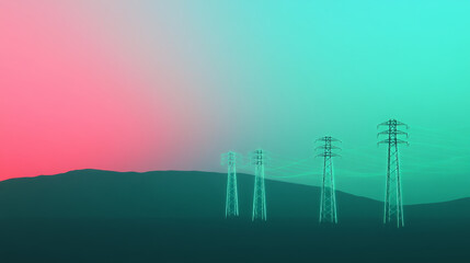 Obraz premium serene landscape featuring power lines against gradient sky of pink and teal hues, symbolizing intersection of nature and technology. scene evokes sense of calm and connectivity