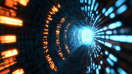 Obraz premium Futuristic tunnel with glowing blue and orange lights creating dynamic visual effect, representing advanced technology and digital connectivity