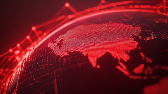 Digital representation of Asia in red tones, symbolizing technology and cyber defense. intricate network design highlights strategic importance of region in global tech dynamics
