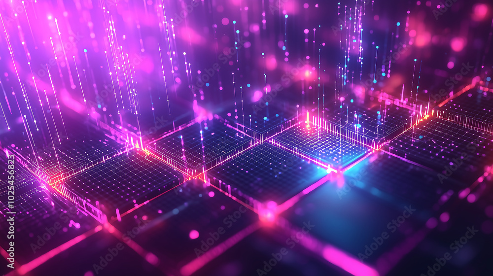 Poster futuristic grid network with glowing neon lights and digital connections in abstract tech design