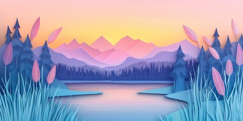 Misty peaks of a forest at dawn with reeds in the foreground, Misty mountain forest landscape at sunrise with reeds in the foreground