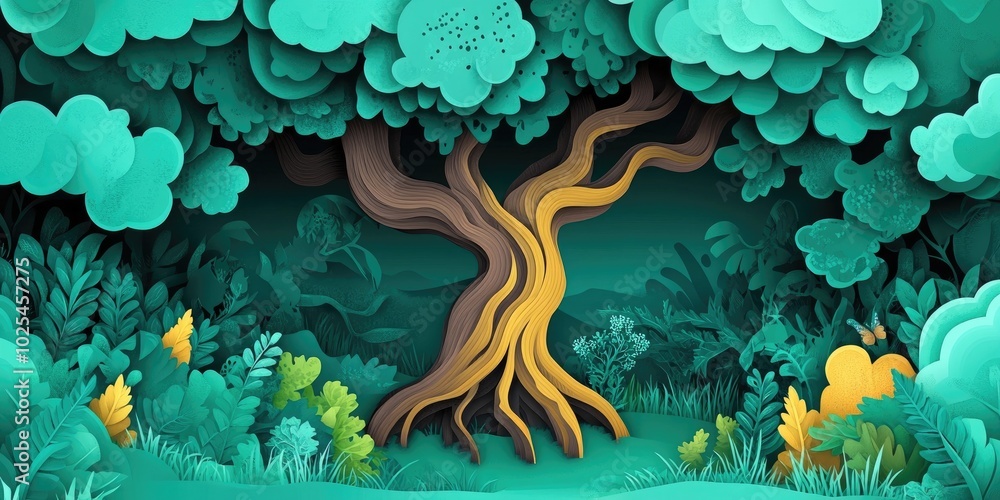 Poster Ancient tree backdrop in a garden setting, Ancient tree scenery in a garden environment