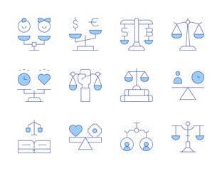 Balance icons. Line Duotone style, editable stroke. balance in relationships, emotional support, mutual understanding, communication skills, respect