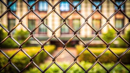Naklejka premium Metal fence with defocused grid window background