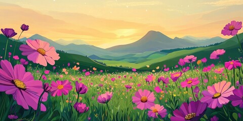 Field of vibrant cosmos flowers, showcasing the beauty of nature's blooms in a picturesque landscape, Vibrant cosmos flowers in a picturesque landscape