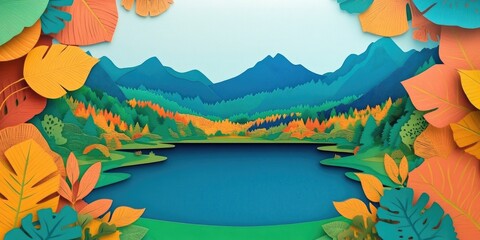 Scenic mountain lake framed by autumn foliage and lush greenery, Mountain lake surrounded by fall foliage and vibrant greenery