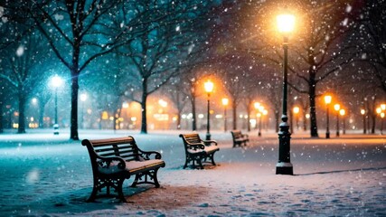 A snow-covered park bench under the warm glow of street lamps, with falling snow creating a romantic and serene winter scene.