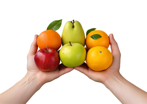 Hands Holding Apples, Oranges, And Pear Against A Light Background