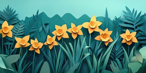 Blooming yellow daffodils showcase their beauty in a vibrant garden setting, Vibrant garden with blooming yellow daffodils