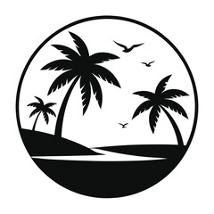 -tranquil-beach-scene-with-palm-trees-and-seagull silhouette vector art illustration 