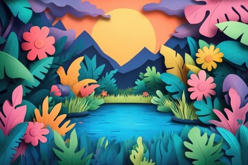 Lush waterside scene featuring a tranquil lake surrounded by vibrant foliage, Serene lakeside landscape with colorful plants and water reflections