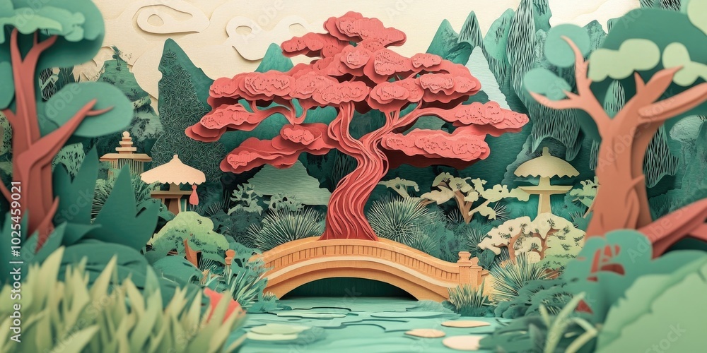 Poster Ancient tree backdrop in a garden setting, Ancient tree scenery in a garden environment