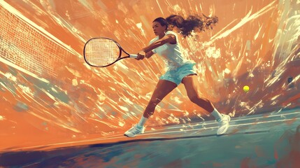A female tennis player swings her racket with a determined look on her face