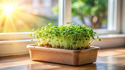 Microgreens of watercress in a ceramic rectangular pot on a windowsill with sunlight creating a cozy atmosphere